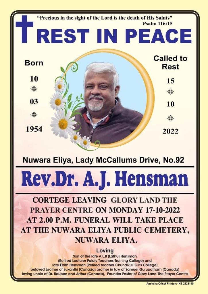 Rev.Dr. AJ. Hensman (1954 2022) Final Voyage Obituaries